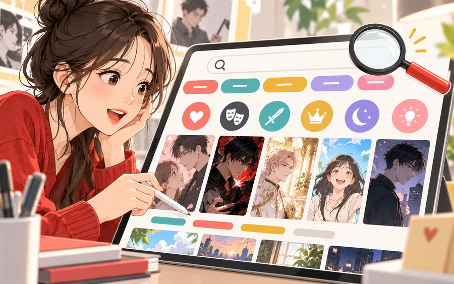 최신 웹툰 장르 키워드를 검색하고 분류하는 모습의 일러스트